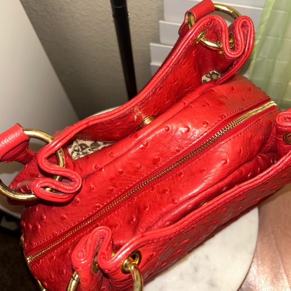 Red Ostrich Leather Hobo Purse Bag - Picture 3 of 6